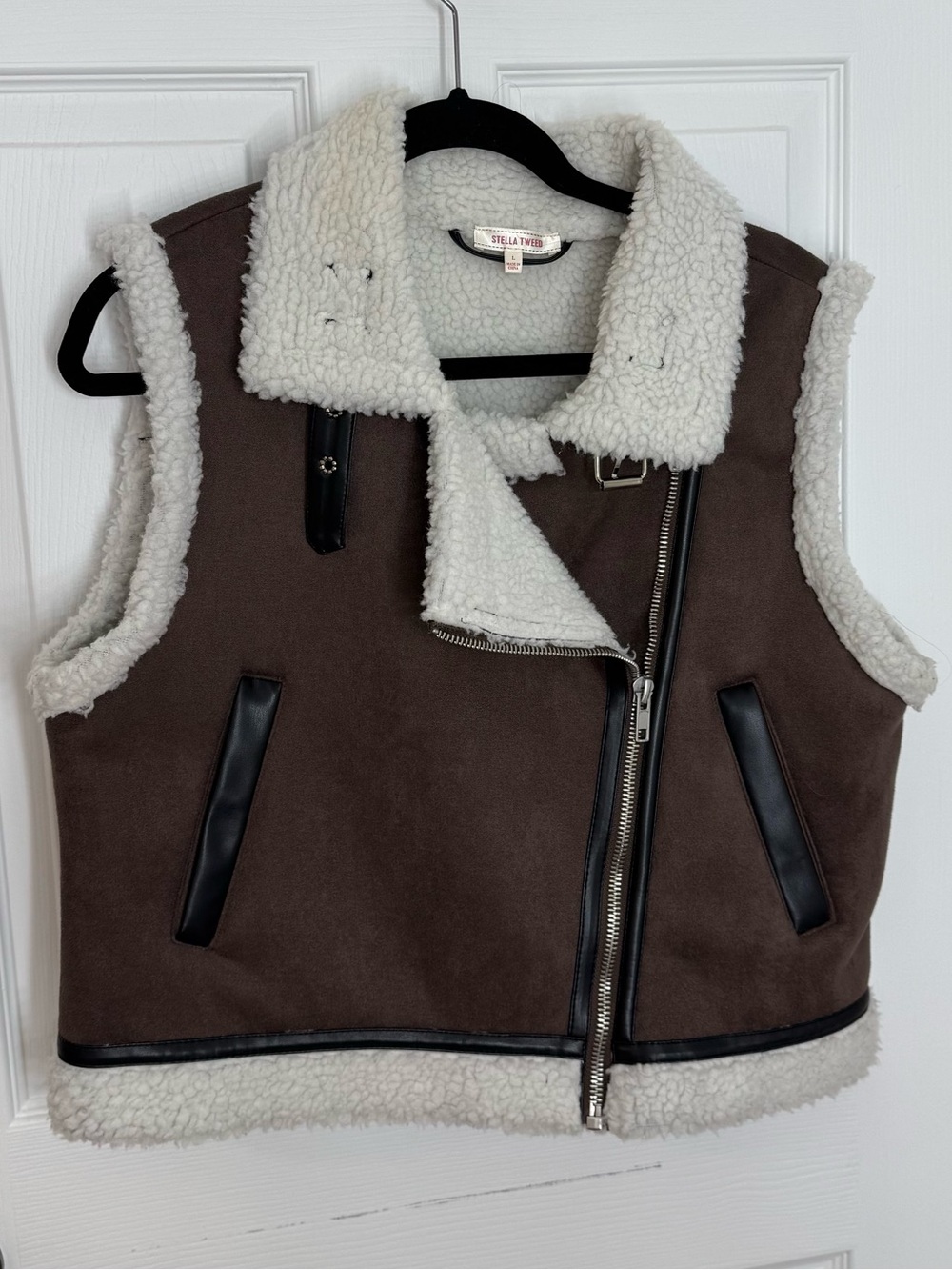 Stella Tweed Brown Suede-Look Sherpa Moto Vest